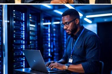 Black IT professional working in a modern data centre