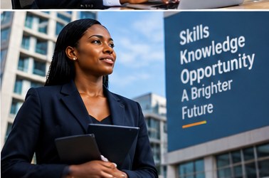 Black business professional looking confidently toward a modern urban future