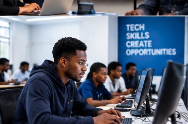 Black learner practising technology skills in a computer training lab